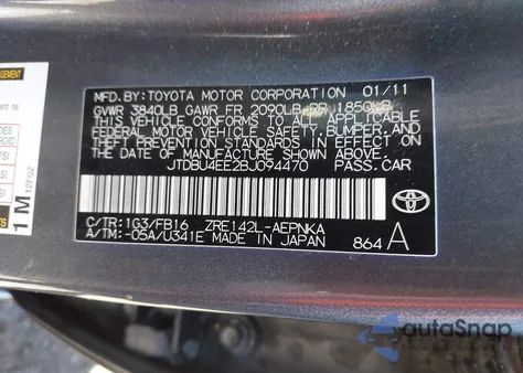 2011 Toyota Corolla Le from USA, damaged, VIN JTDBU4EE2BJ094470